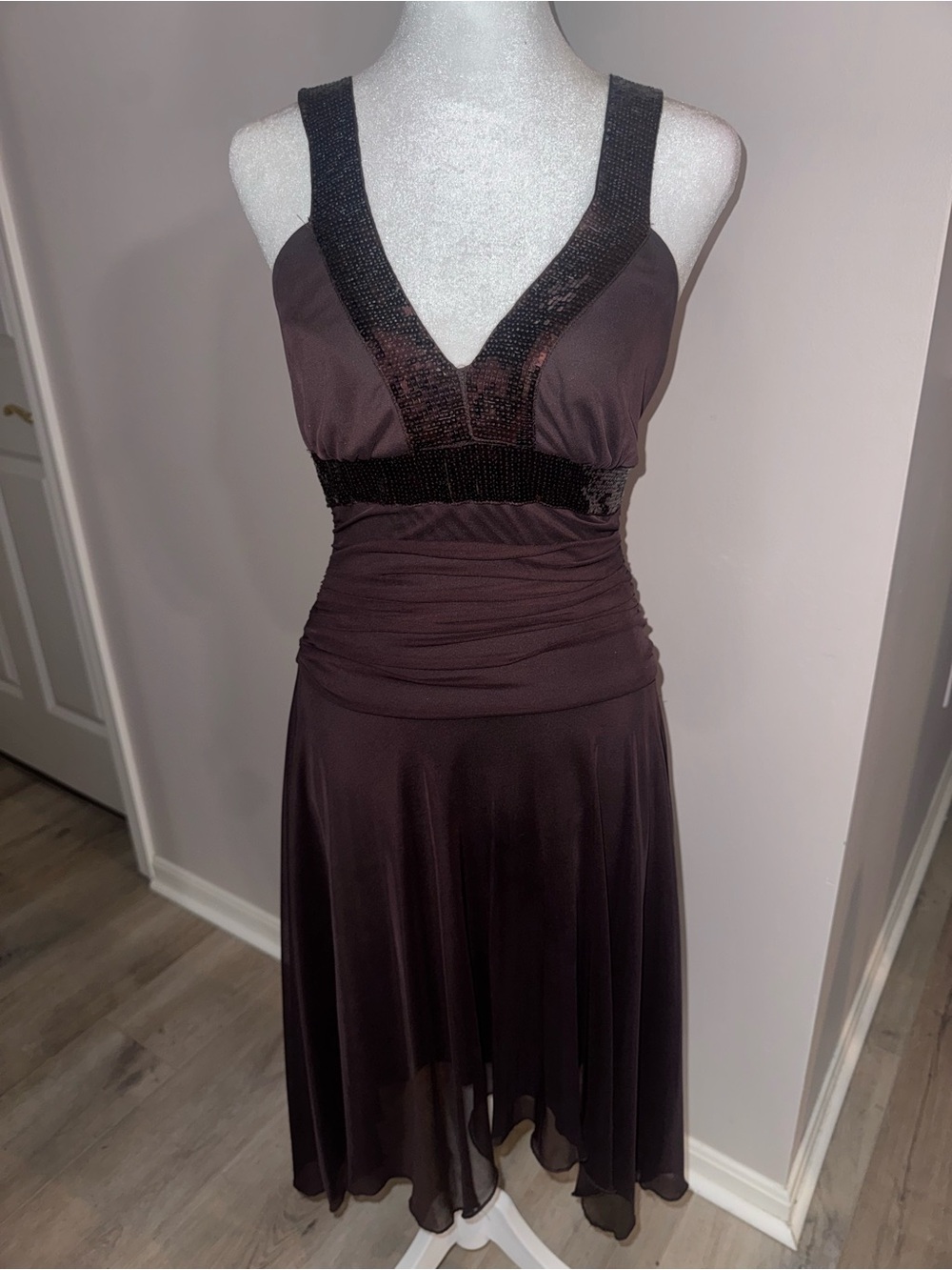 B Darlin Dark Brown Embellished V-Neck Midi Dress